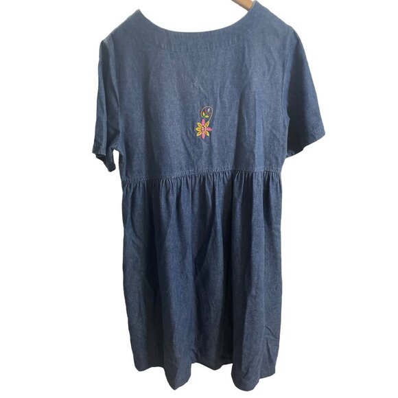 Go Softly Patio Blue Denim Half Sleeve Button Down Embroidered Dress SZ Small - Picture 2 of 7